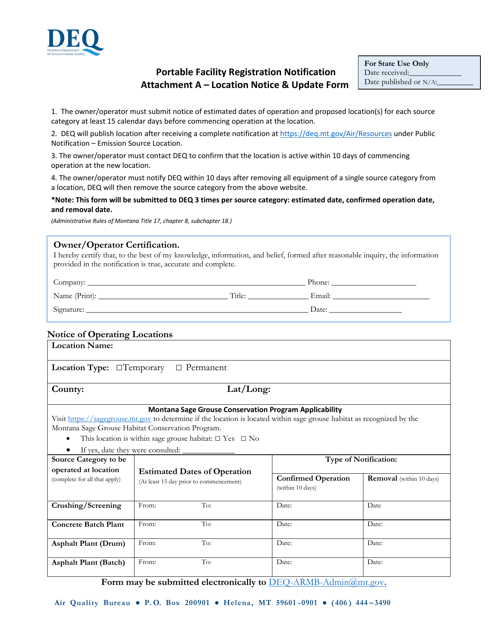 Attachment A Portable Facility Registration Notification - Location Notice & Update Form - Montana