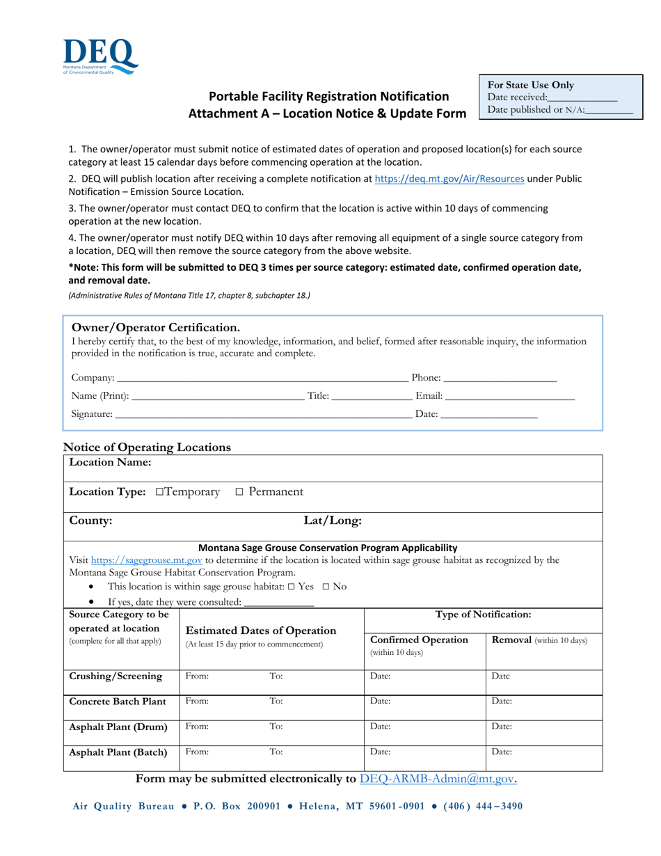 Attachment A Portable Facility Registration Notification - Location Notice  Update Form - Montana, Page 1