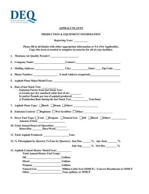 Portable Facility Annual Production Data Forms - Montana