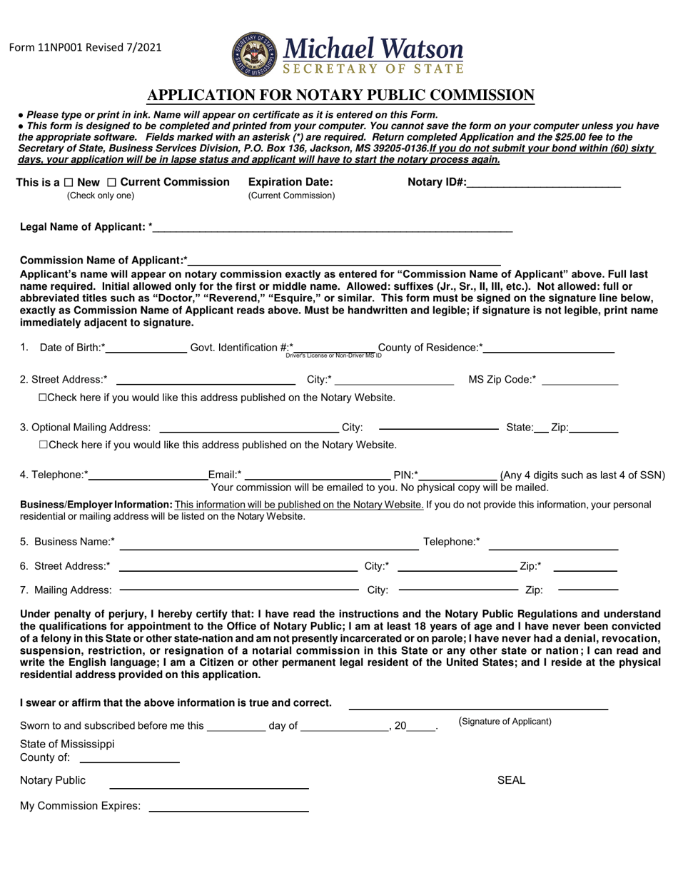 Form 11NP001 Application for Notary Public Commission - Mississippi, Page 1