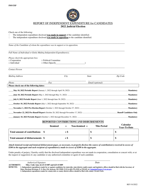 Report of Independent Expenditure for Candidates - Mississippi Download Pdf