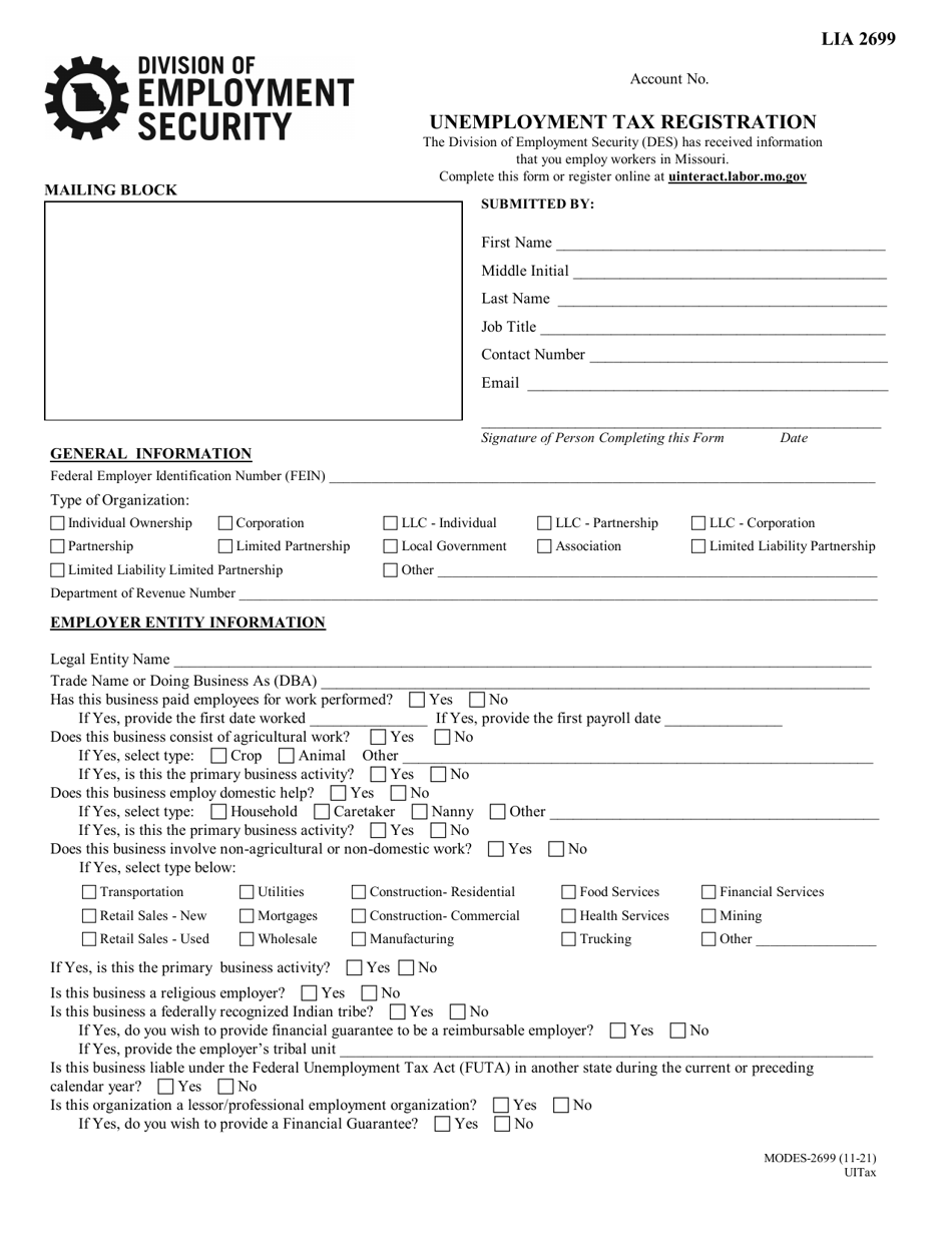 Form MODES-2699 Unemployment Tax Registration - Missouri, Page 1