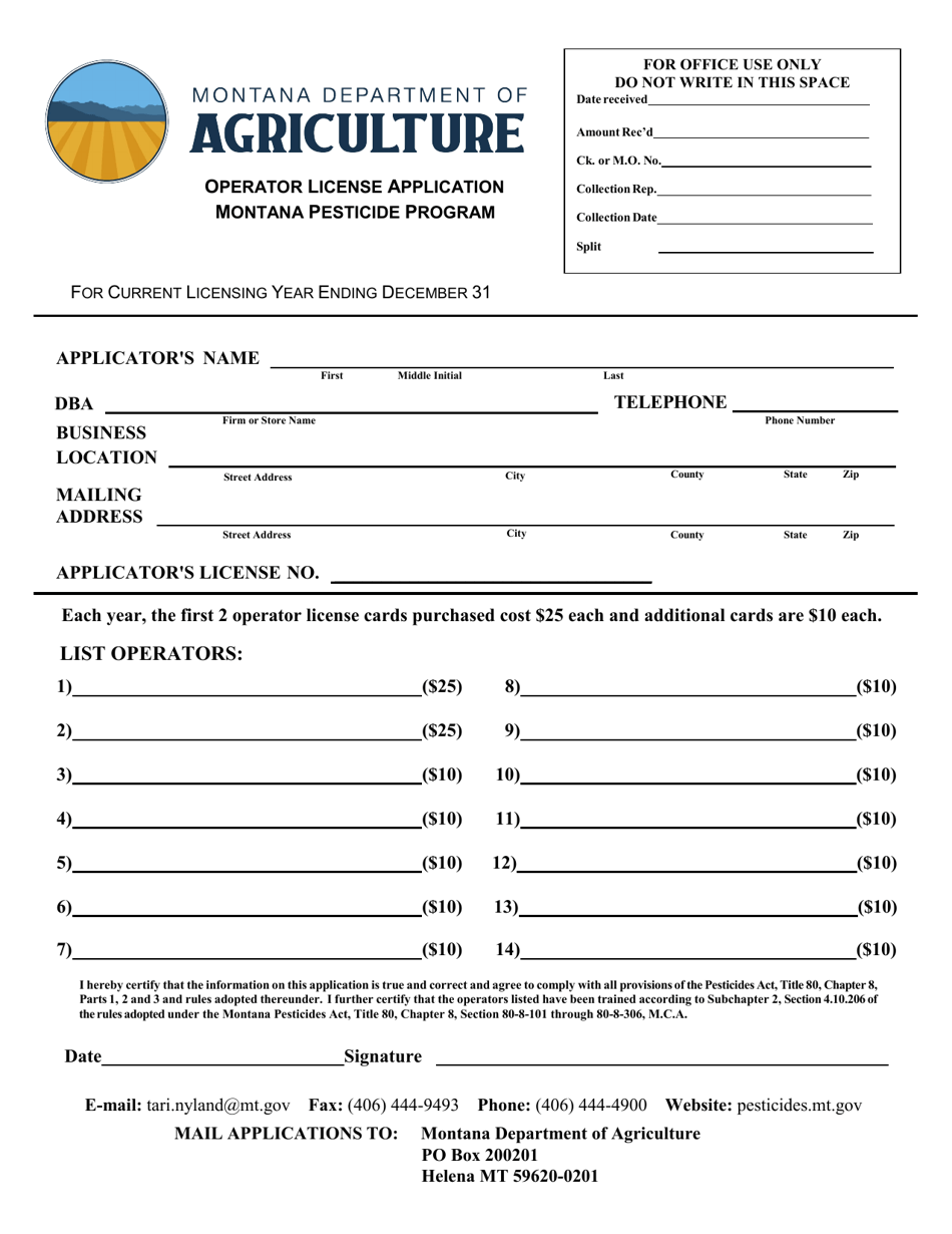 Montana Operator License Application Montana Pesticide Program Fill
