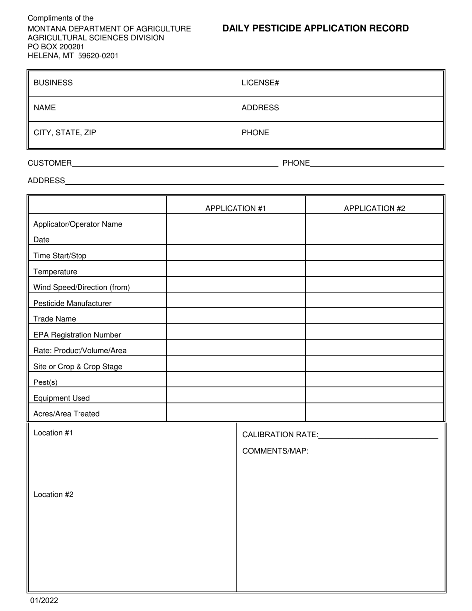 Montana Daily Pesticide Application Record Download Printable PDF ...