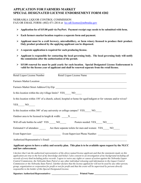 Form 202 Application for Farmers Market Special Designated License Endorsement - Nebraska