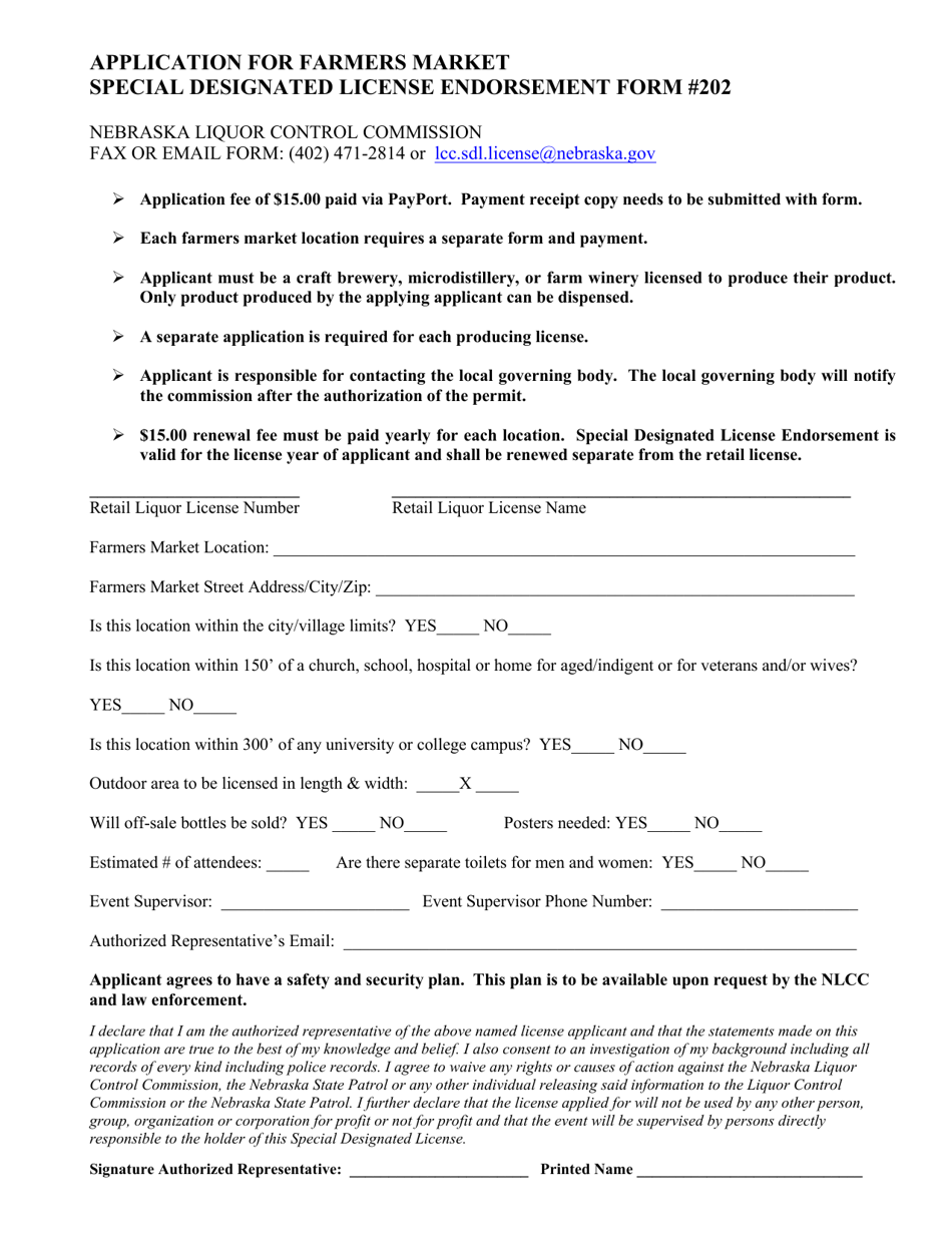 Form 202 Application for Farmers Market Special Designated License Endorsement - Nebraska, Page 1