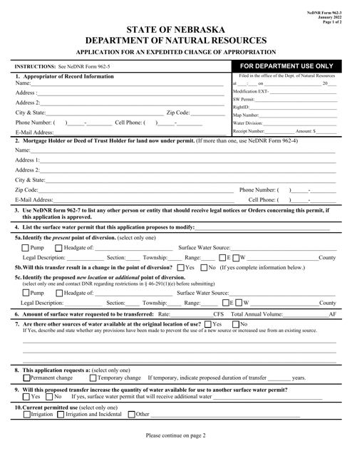 DNR Form 962-3 Application for an Expedited Change of Appropriation - Nebraska