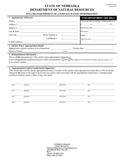 DNR Form SW-090-1 Full Relinquishment of a Surface Water Appropriation - Nebraska