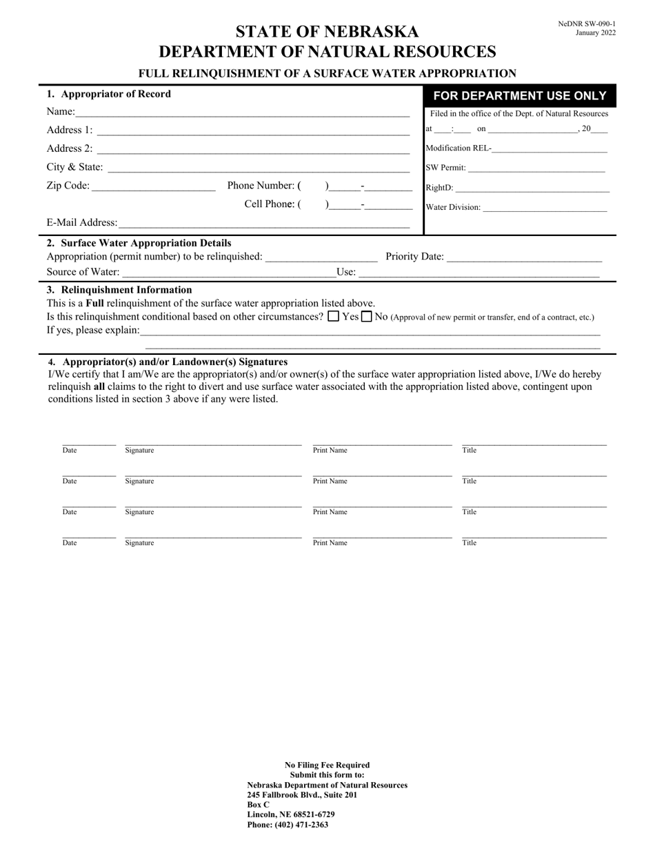 DNR Form SW-090-1 Full Relinquishment of a Surface Water Appropriation - Nebraska, Page 1