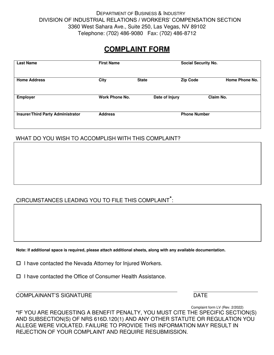 Southern Complaint Form - Nevada, Page 1