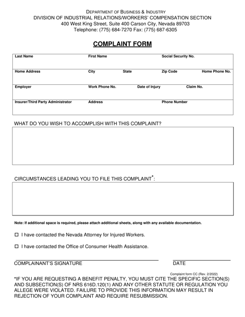 Northern Complaint Form - Nevada Download Pdf