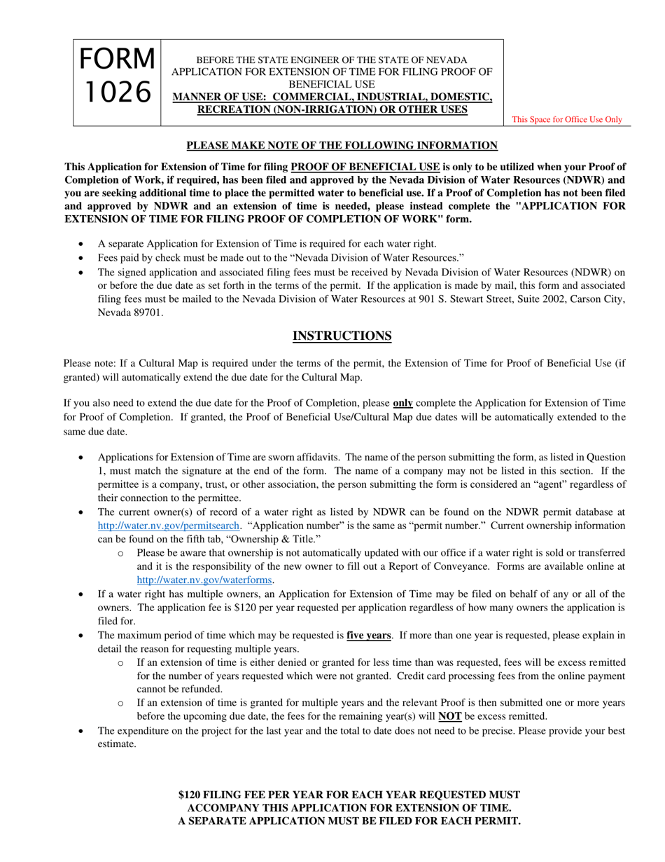 Form 1026 Application for Extension of Time for Filing Proof of Beneficial Use - Commercial, Industrial, Domestic, Recreation (Non-irrigation) or Other Uses - Nevada, Page 1