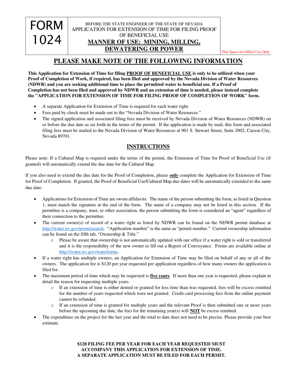 Form 1024 Application for Extension of Time for Filing Proof of Beneficial Use - Mining, Milling, Dewatering or Power - Nevada, Page 1