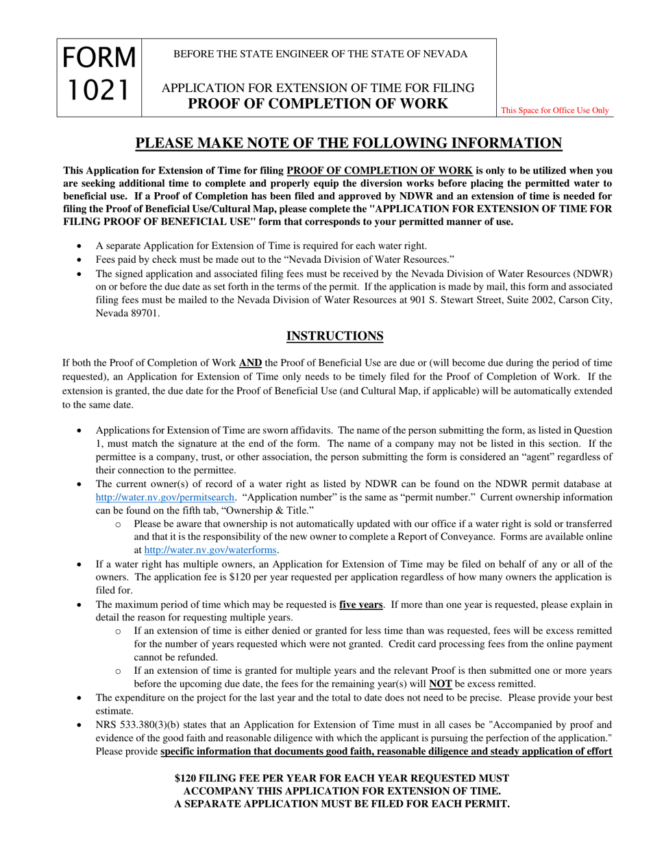 Form 1021 Application for Extension of Time for Filing Proof of Completion of Work - Nevada, Page 1