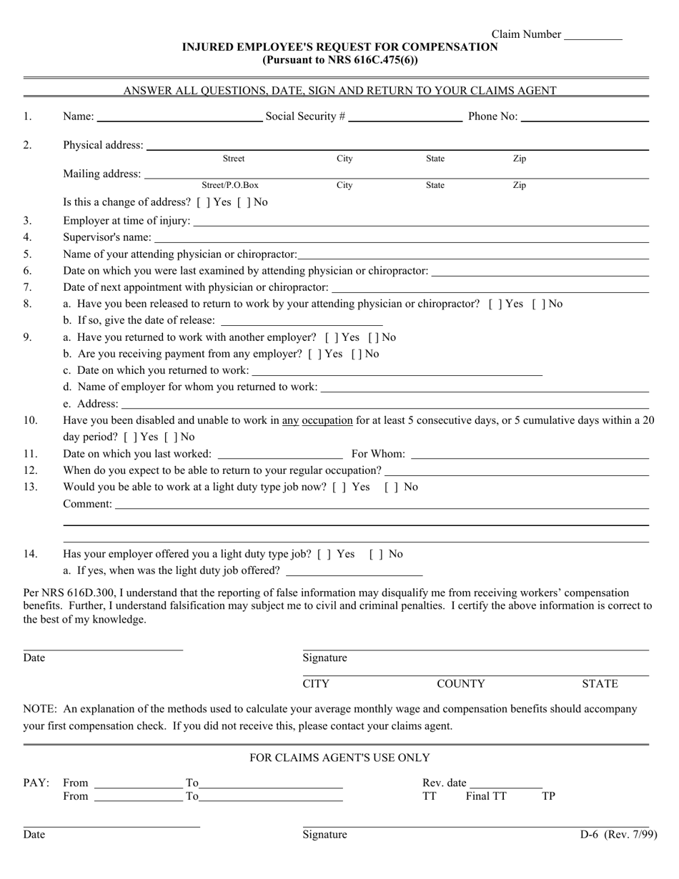 Form D-6 Injured Employees Request for Compensation - Nevada, Page 1
