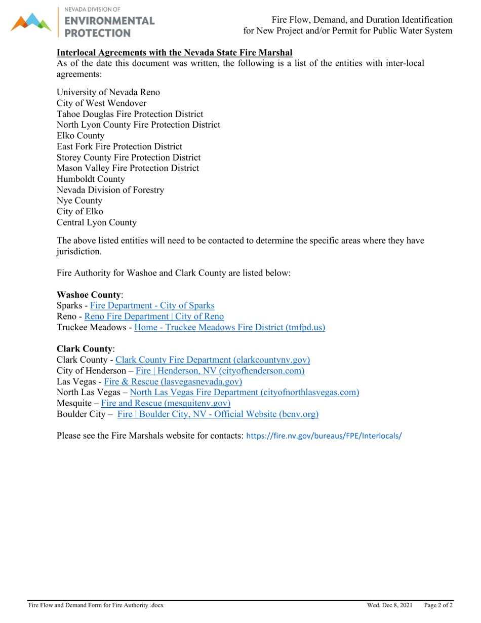 Fire Flow, Demand, and Duration Identification for New Project and / or Permit for Public Water System - Nevada, Page 2