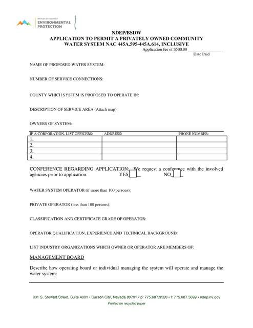 Application to Permit a Privately Owned Community Public Water System - Nevada Download Pdf