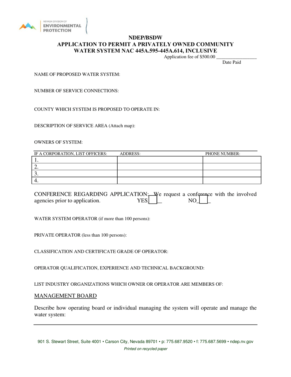 Application to Permit a Privately Owned Community Public Water System - Nevada, Page 1
