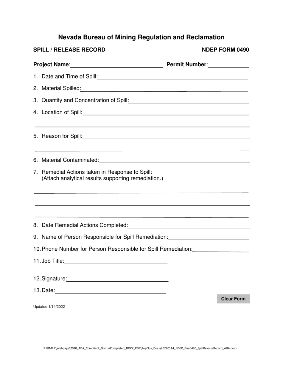 NDEP Form 0490 Spill / Release Record - Nevada, Page 1