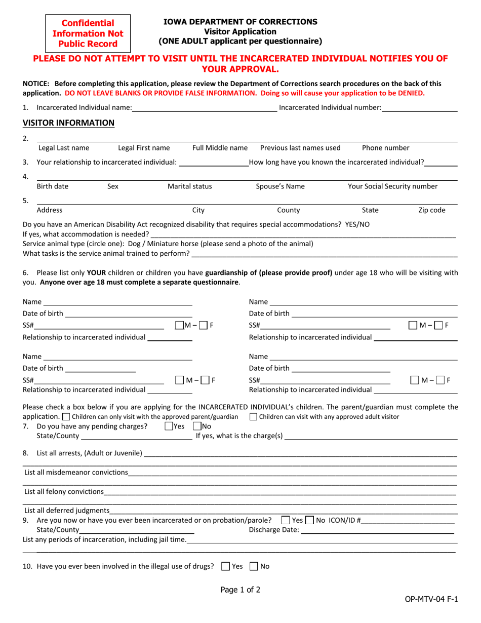 Visitor Application (One Adult Applicant Per Questionnaire) - Iowa, Page 1