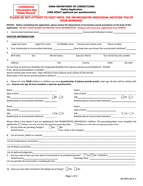 Visitor Application (One Adult Applicant Per Questionnaire) - Iowa Download Pdf