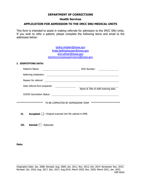Form HSF-601A Application for Admission to the Imcc Snu Medical Units - Iowa