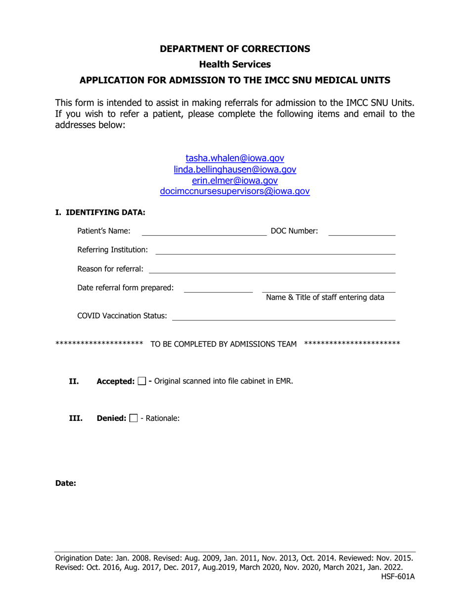 Form HSF-601A Application for Admission to the Imcc Snu Medical Units - Iowa, Page 1