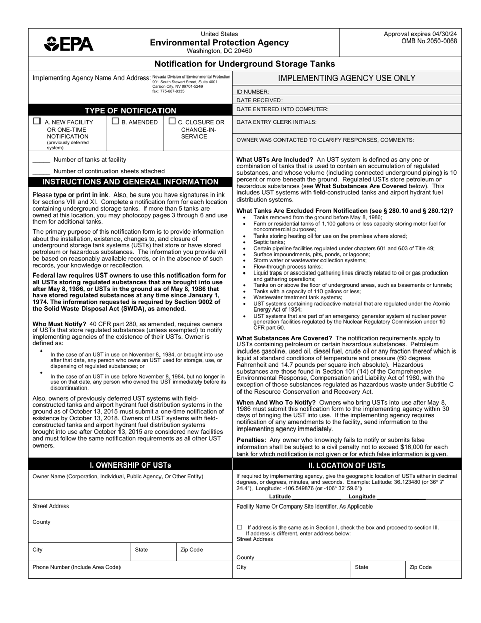 EPA Form 7530-1 Notification for Underground Storage Tanks, Page 1