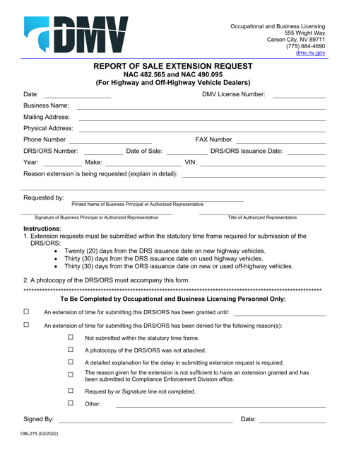 Form OBL275 Report of Sale Extension Request - Nevada
