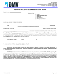 Form OBL210 Vehicle Industry Business License Bond - Nevada