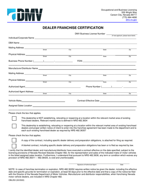 Form OBL253 Dealer Franchise Certification - Nevada