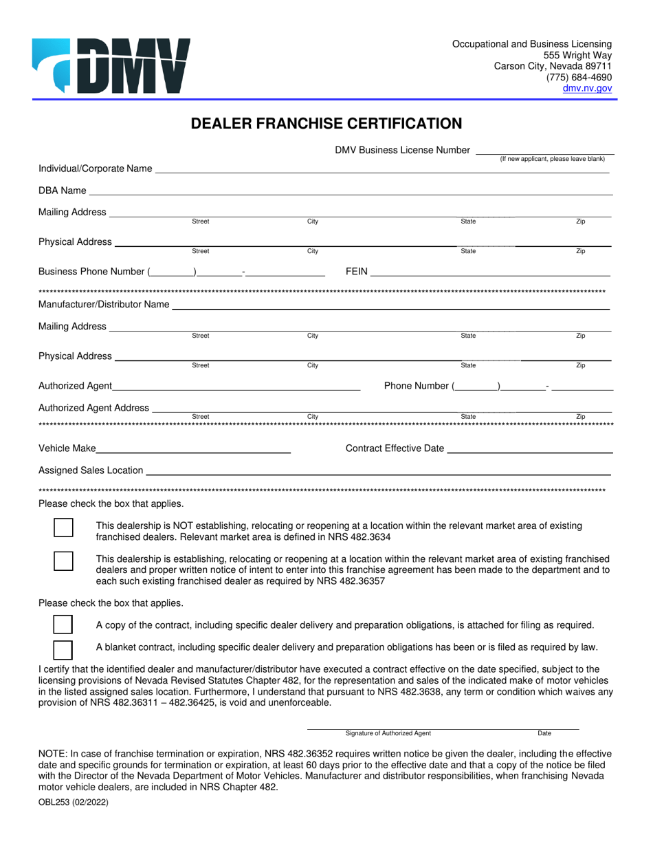 Form OBL253 Dealer Franchise Certification - Nevada, Page 1