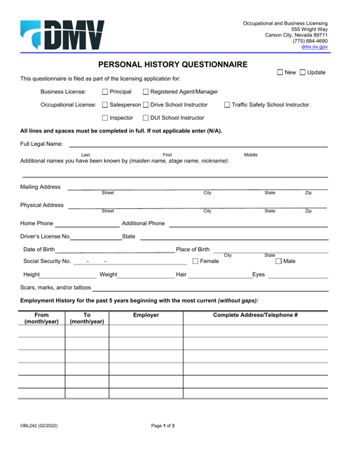 Form OBL242 Personal History Questionnaire - Nevada
