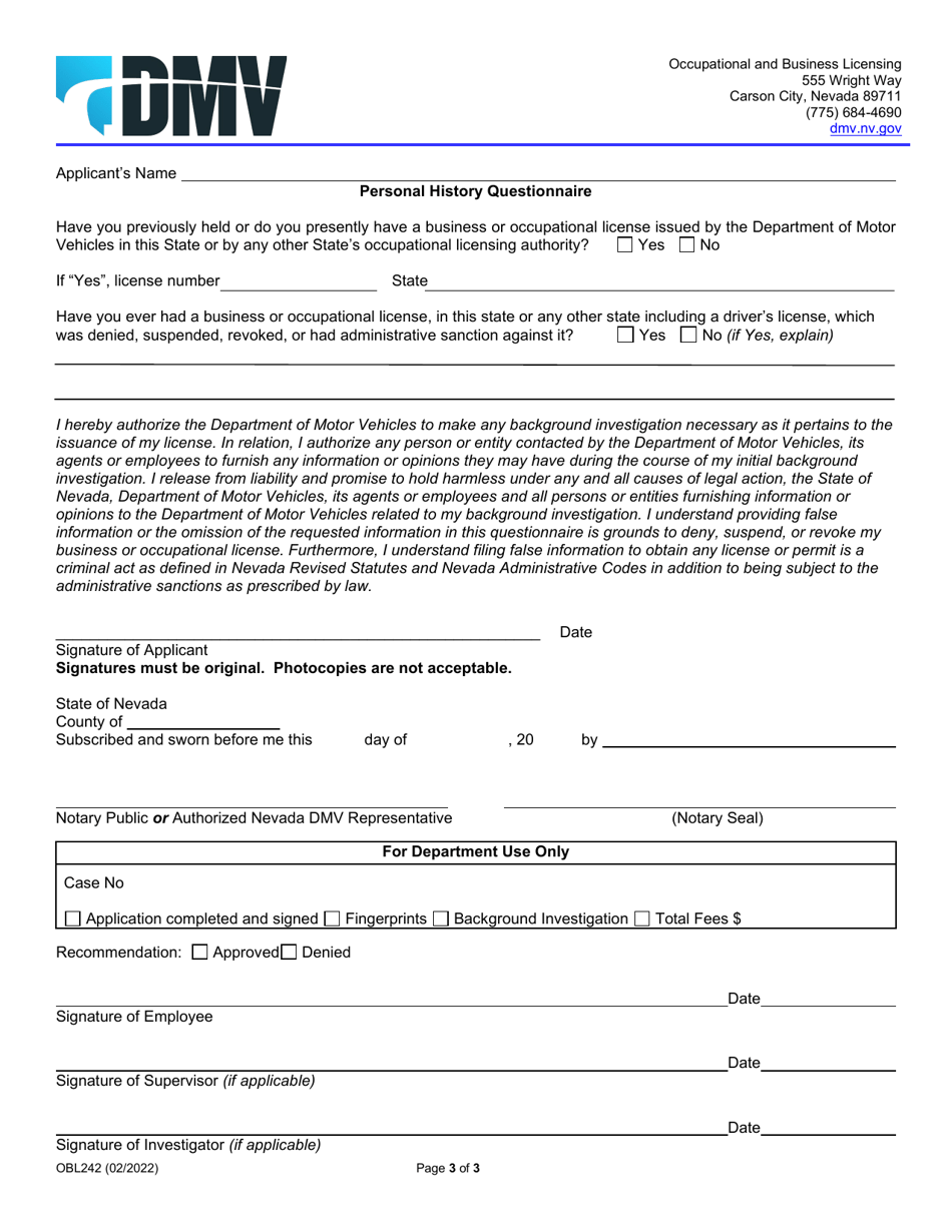 Form OBL242 Personal History Questionnaire - Nevada, Page 3