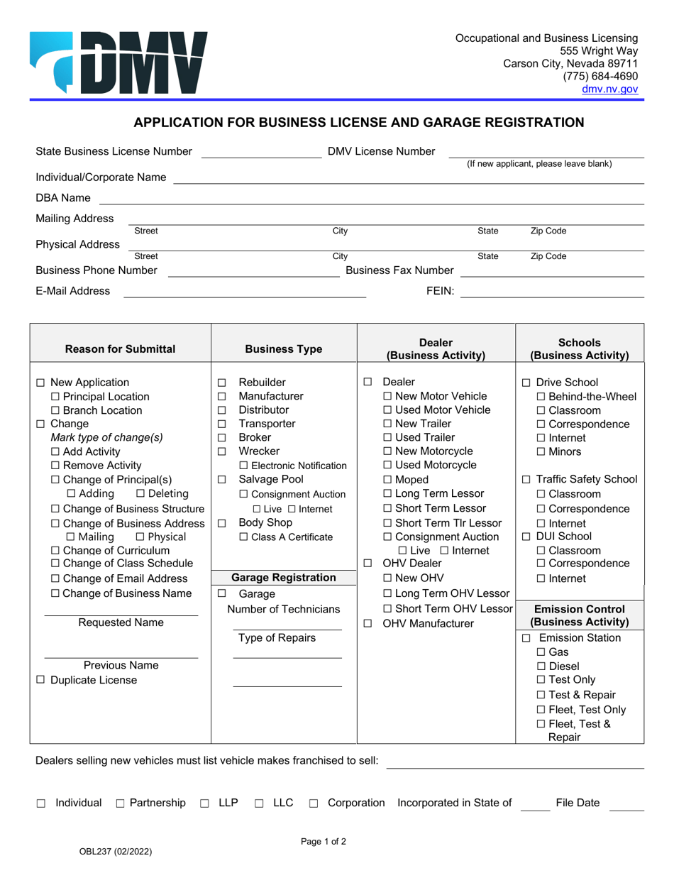 Form OBL237 Application for Business License and Garage Registration - Nevada, Page 1