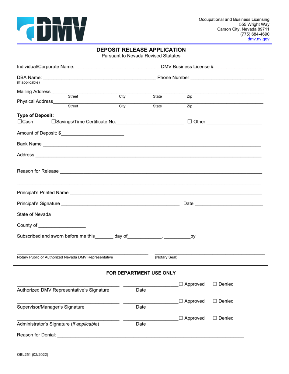 Form OBL251 Deposit Release Application - Nevada, Page 1