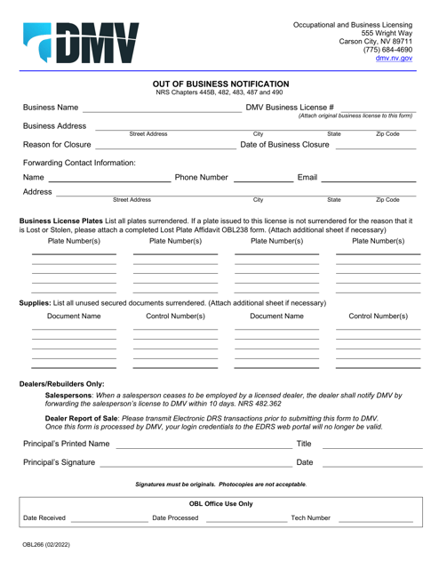 Form OBL266 Out of Business Notification - Nevada