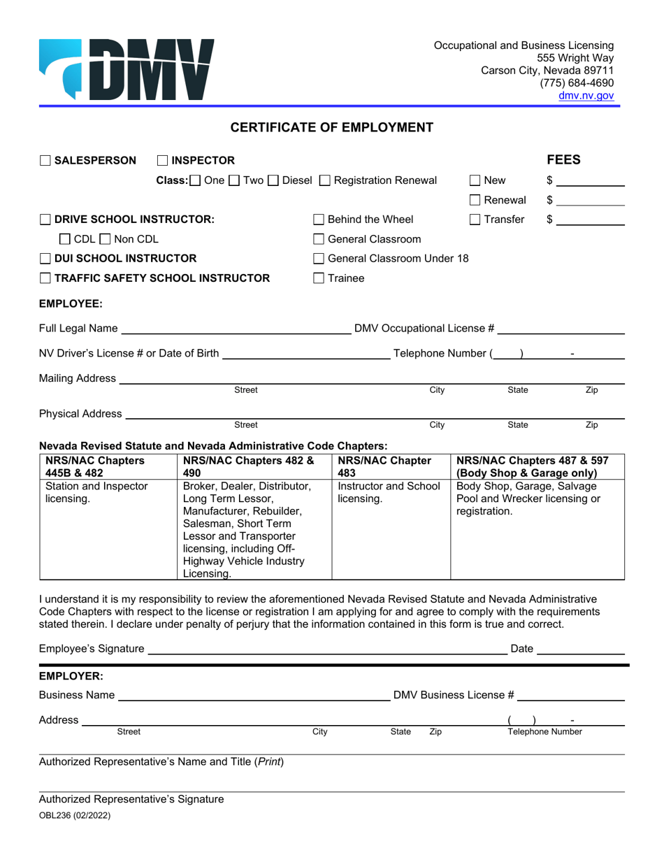 Form OBL236 Certificate of Employment - Nevada, Page 1