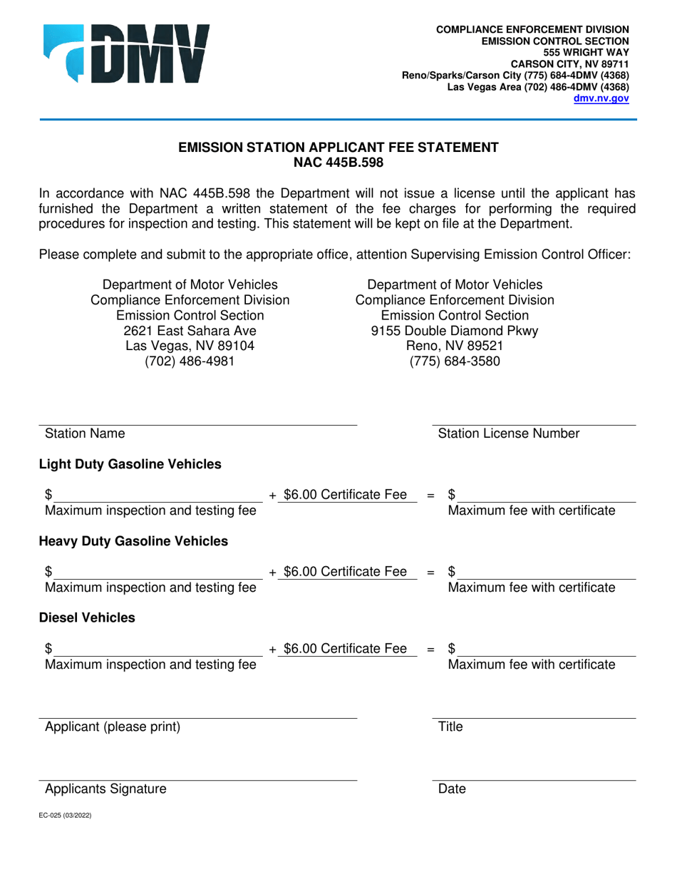 Form EC-025 Emission Station Applicant Fee Statement - Nevada, Page 1