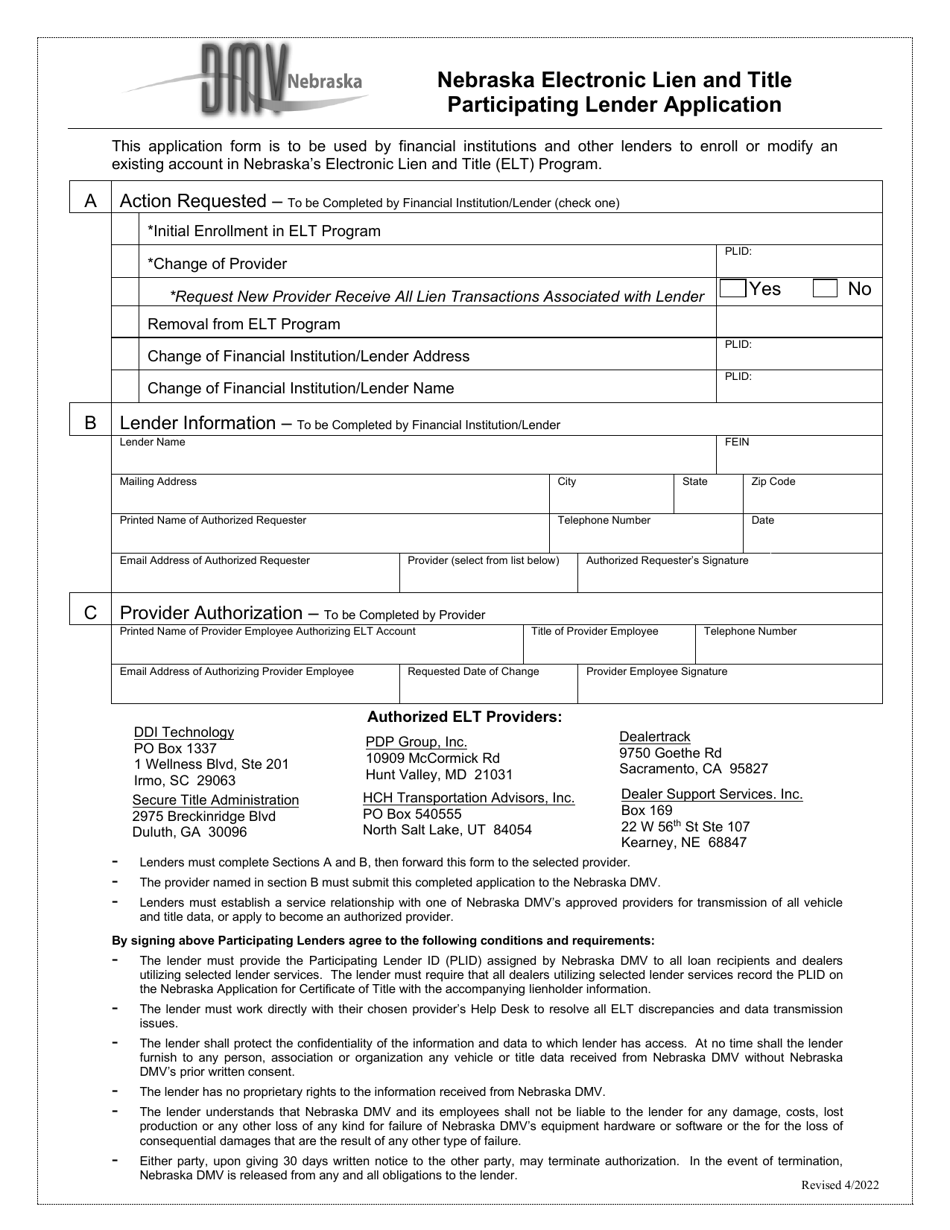 Nebraska Electronic Lien and Title Participating Lender Application - Nebraska, Page 1