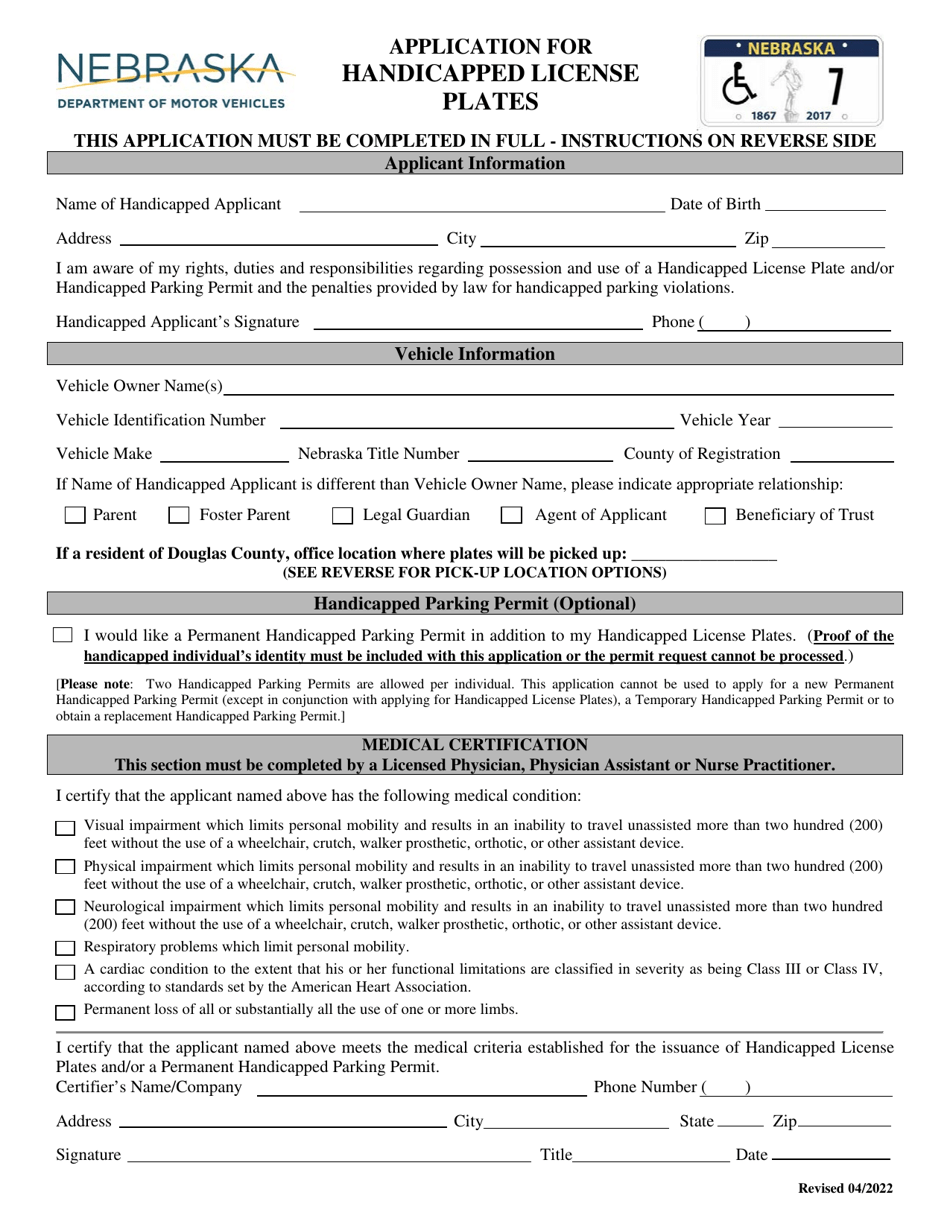 Application for Handicapped License Plates - Nebraska, Page 1
