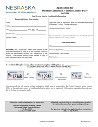 &quot;Application for Disabled American Veteran License Plate&quot; - Nebraska