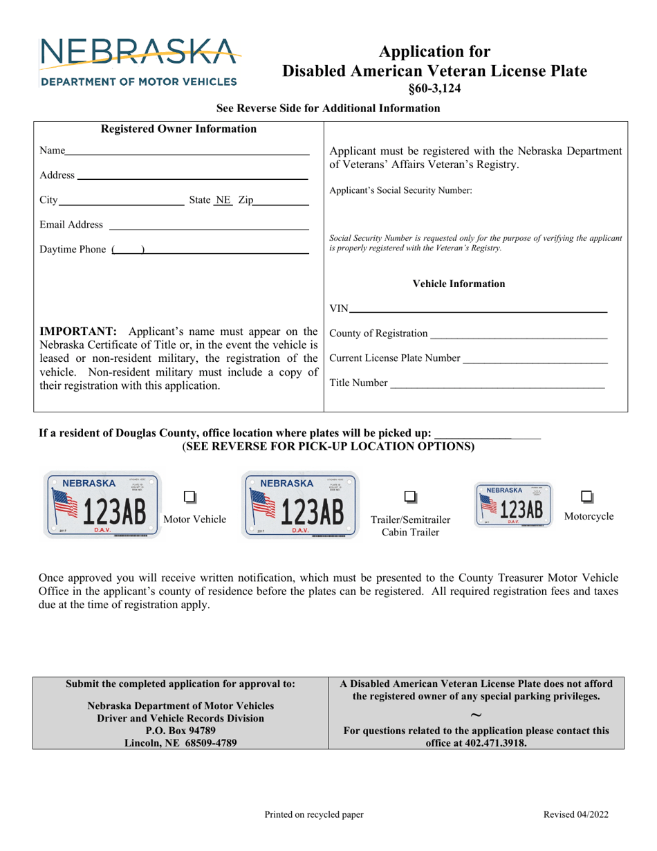 Application for Disabled American Veteran License Plate - Nebraska, Page 1