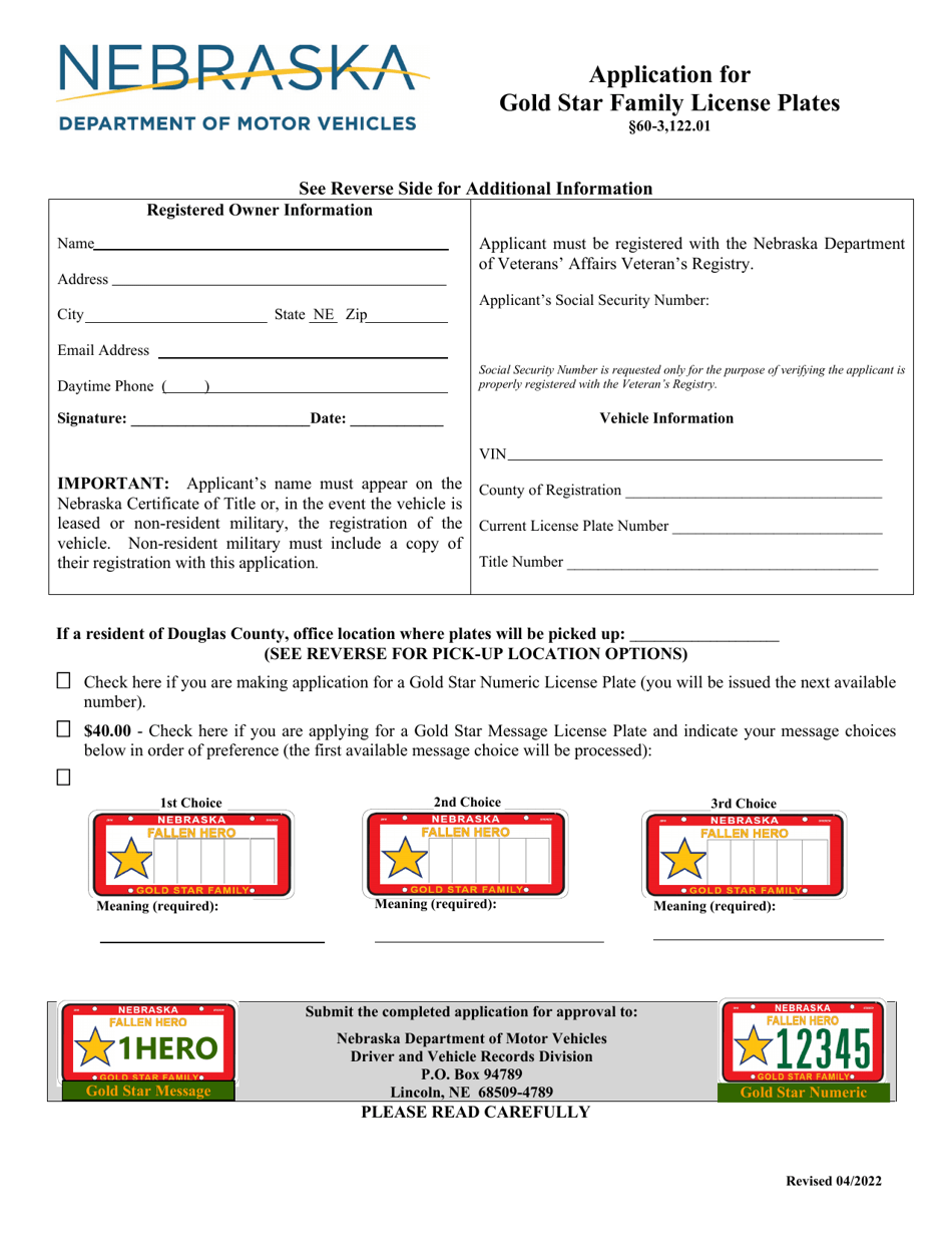 Application for Gold Star Family License Plates - Nebraska, Page 1
