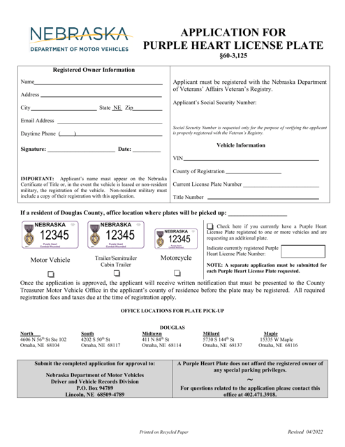 Application for Purple Heart License Plate - Nebraska