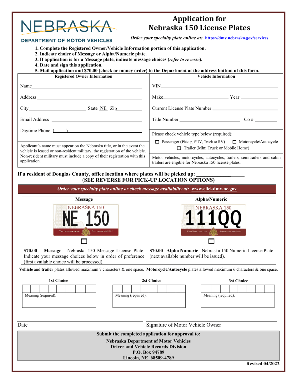 Nebraska Application for Nebraska 150 License Plates Download Printable PDF Templateroller