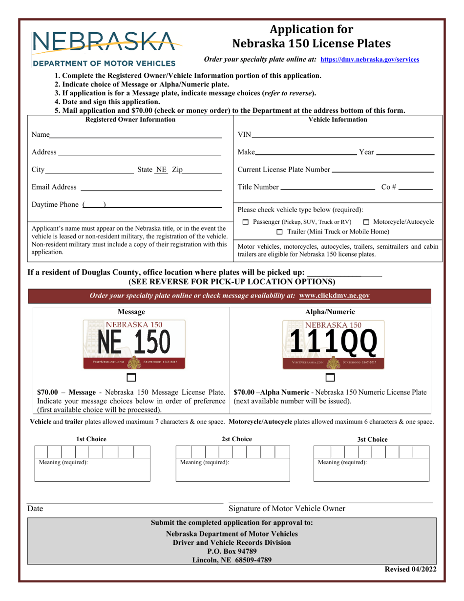 Application for Nebraska 150 License Plates - Nebraska, Page 1