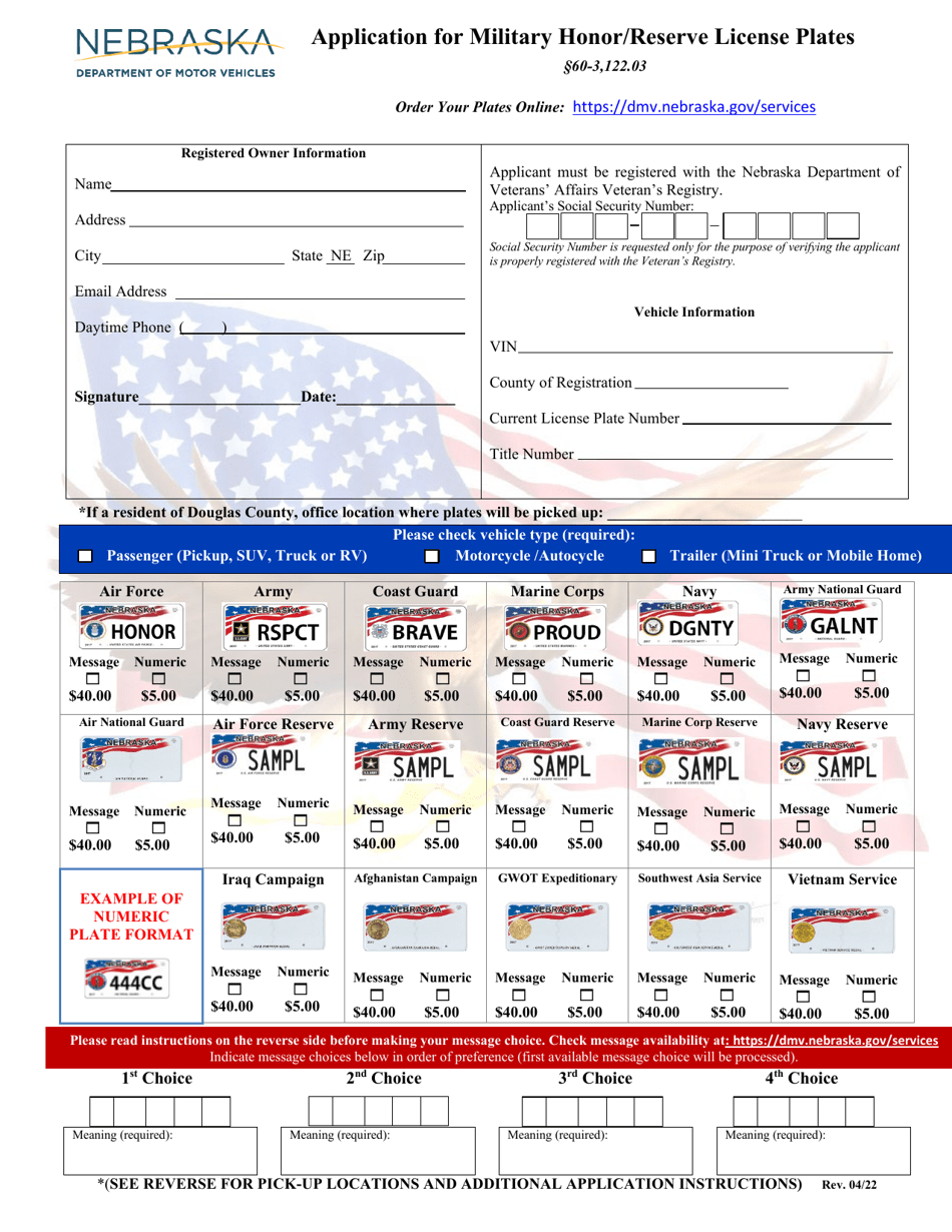 Nebraska Application for Military Honor/Reserve License Plates Download Printable PDF