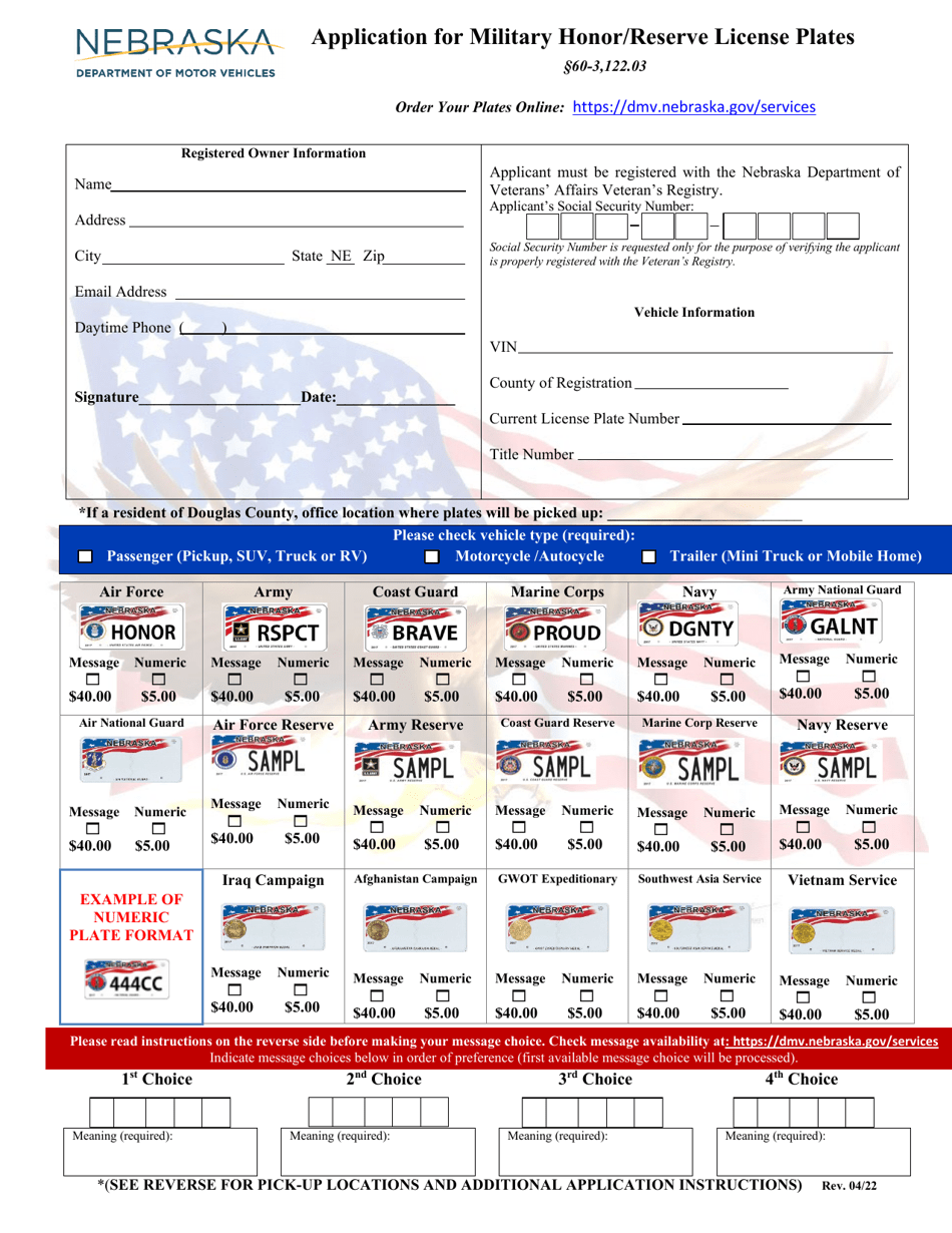 Application for Military Honor / Reserve License Plates - Nebraska, Page 1
