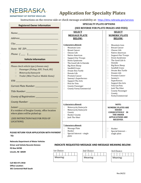 Application for Specialty Plates - Nebraska Download Pdf